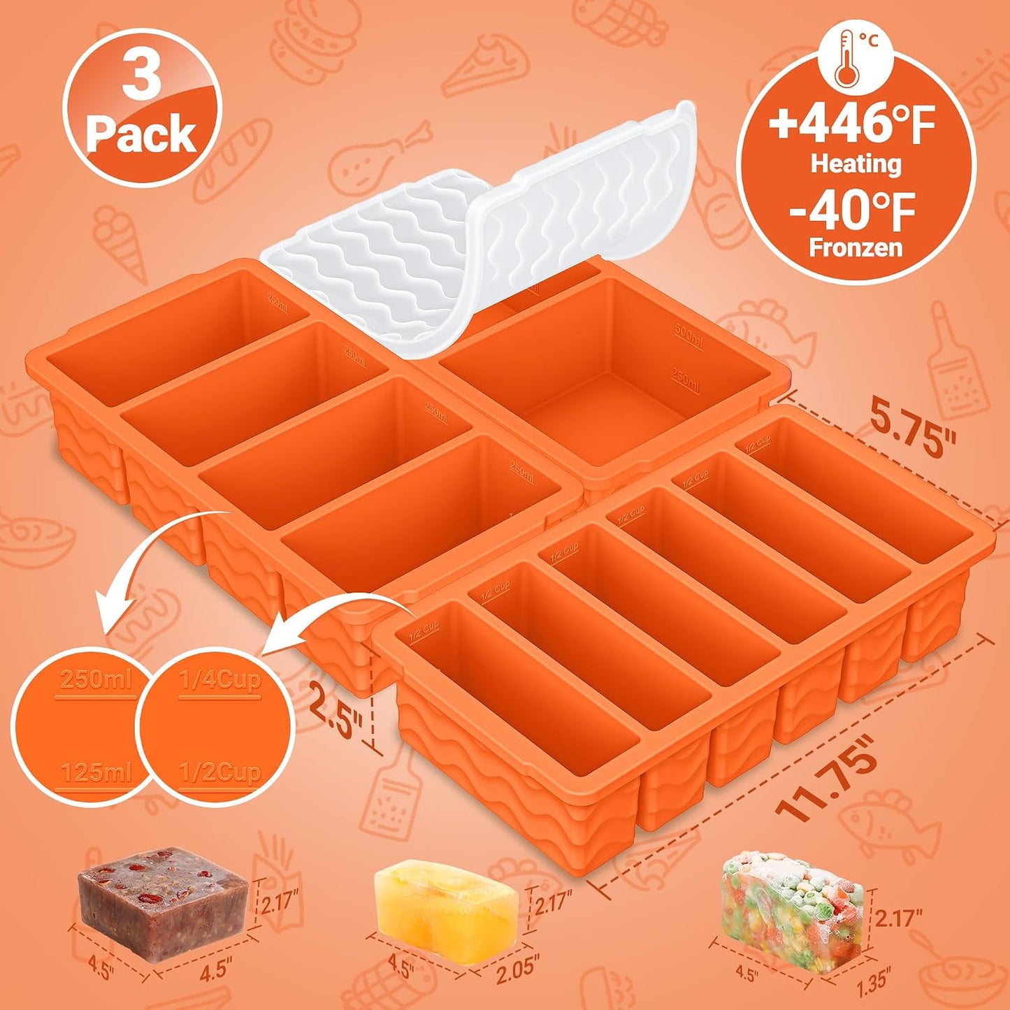 3-Pack Silicone Freezer Trays with Lid,2 Large 2-Cup(500ml)&4 Medium 1-Cup(250ml)&6 Small 1/2-Cup(125ml) Soup Freezer Container Molds,Ice Cube Tray For Meal Prep&Freezing Soup,Stews,Sauces