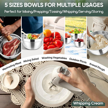 Herogo 5-Piece Mixing Bowls with Airtight Lids, 3 Grater Attachments, Stainless Steel Salad Serving Bowls for Kitchen, Size 4.6, 3.5, 2.5, 2, 1.5QT Ideal for Prepping & Cooking, Black