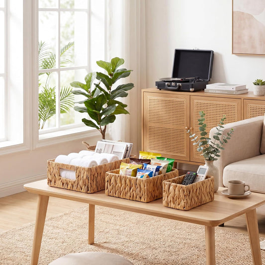 StorageWorks Pantry Baskets for Shelves 3 Pack, Rectangular Wicker Basket with Handles, Natural Water Hyacinth Woven Baskets for Living Room, Toilet, Shelf Storage Basket for Home Decor
