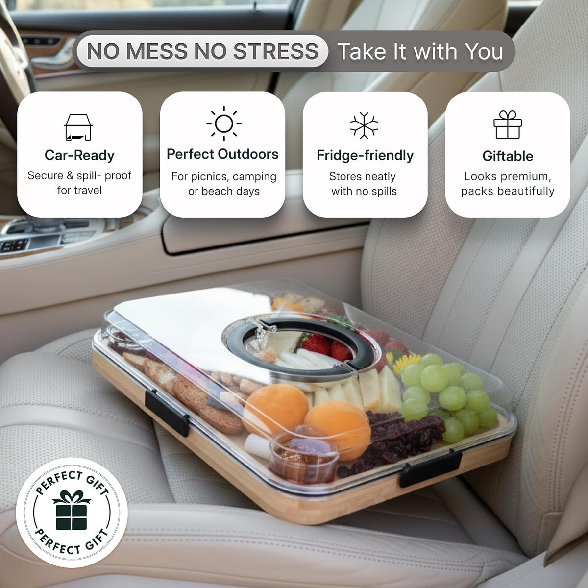 Charcuterie Board Set with Handless Lid – Bamboo Cheese Board with Sliding Drawer, 4 Stainless Steel Cheese Knives, 4 Forks, 2 Glass Bowls, Gift Bag – Perfect for Gift