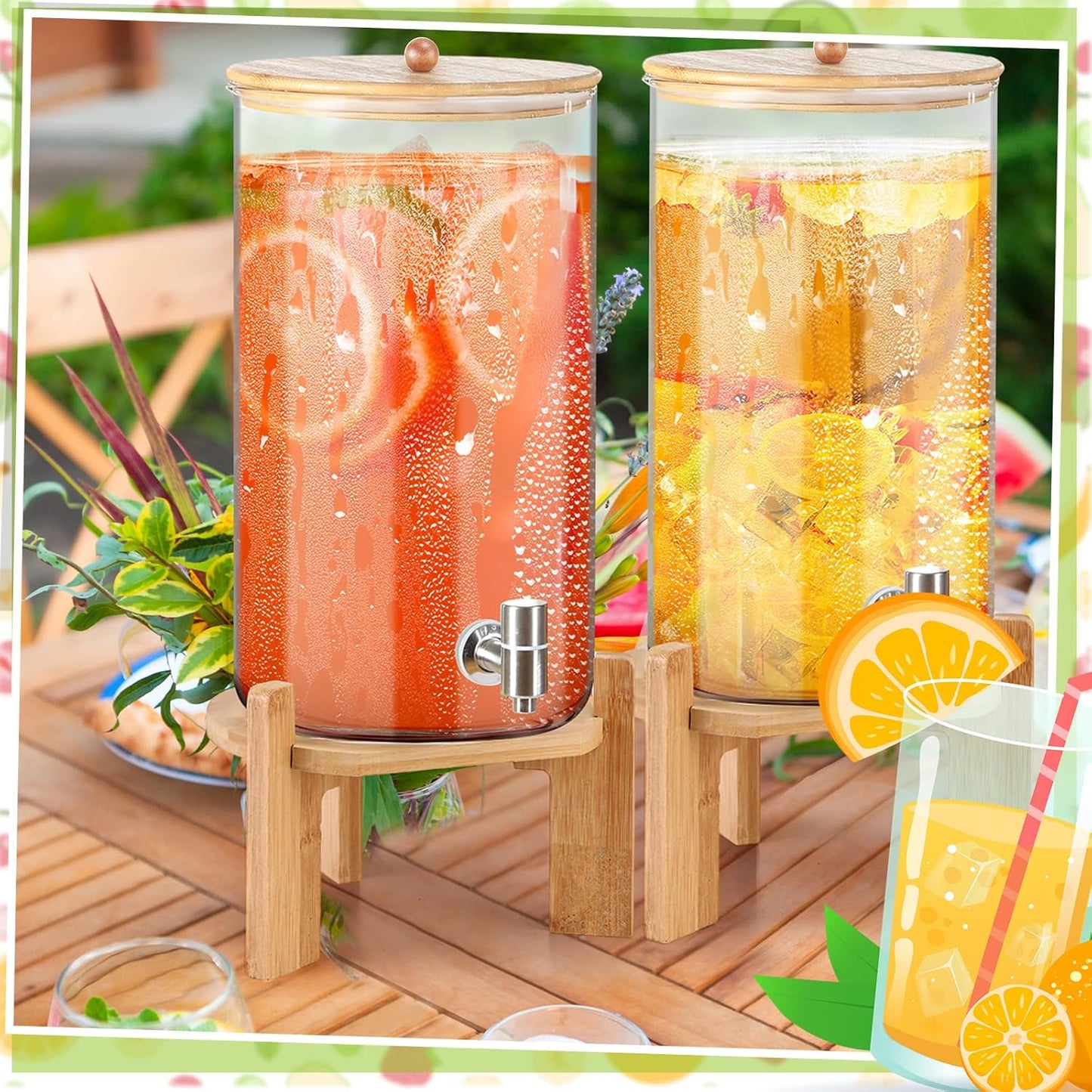 FillTouch 2 Pack 2.5 Gallon Drink Dispensers for Parties, Glass Beverage Dispensers with Bamboo Stand, Spigot and Bamboo Lid Leakproof for Lemonade Juice, Tea, Water, and Party Drinks