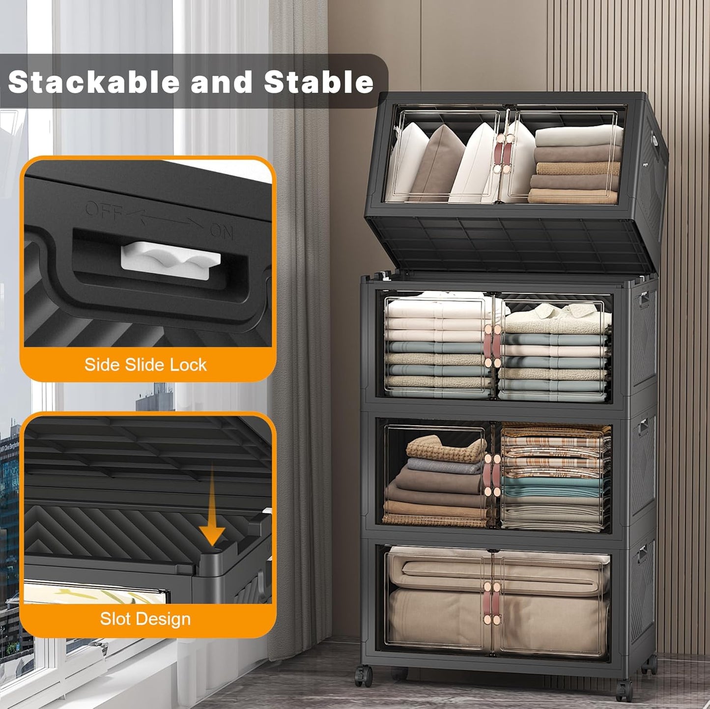 UAMFURI 720QT Stackable Storage Bins with Lids, Extra Large Storage Cabinet with Doors and Wheels, Collapsible Plastic Storage Box for Bedroom Dorm Office Garage