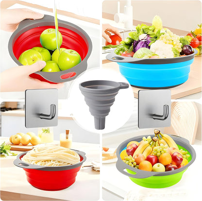 UVB Collapsible Colander Set, Space-Saving Foldable Kitchen Strainer for Pasta, Vegetables & Fruit, Colander for Kitchen with 2 Stainless Steel Hooks & Silicone Funnel – Blue