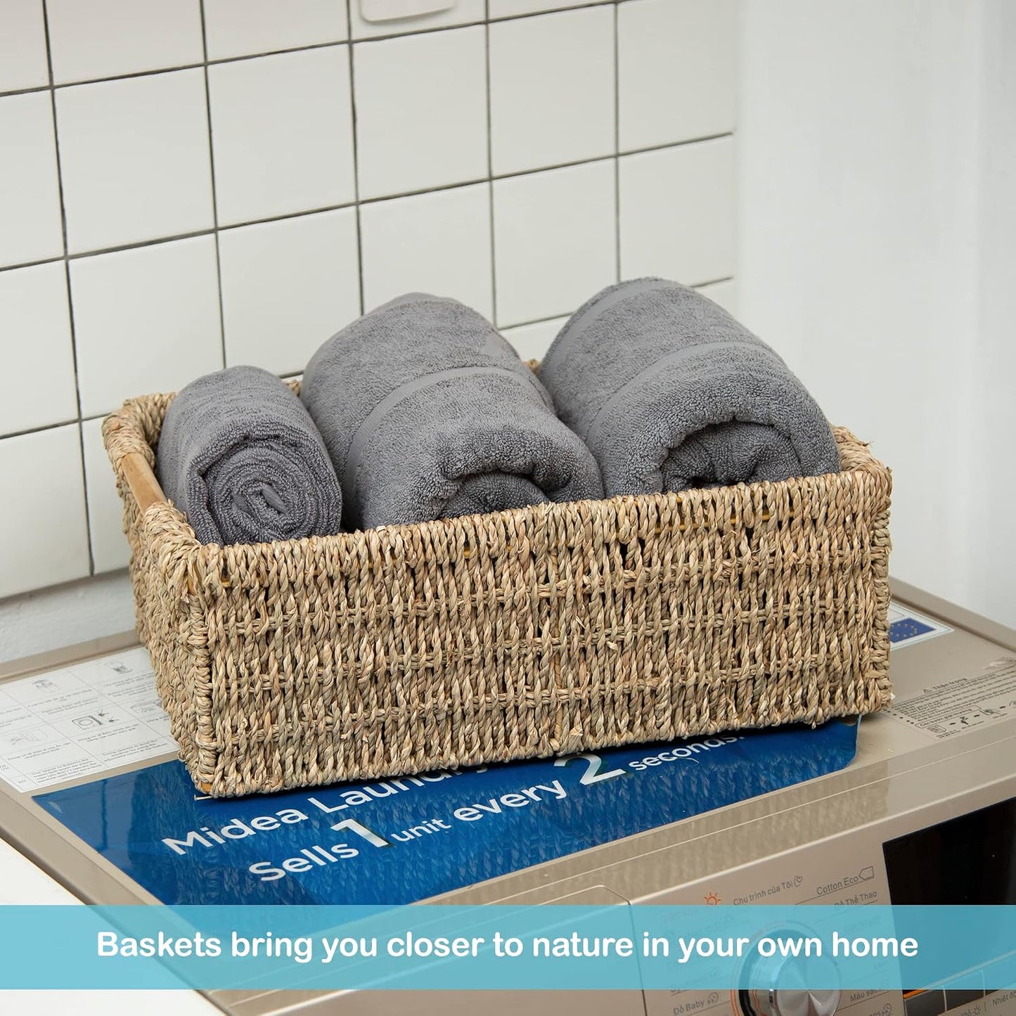 VATIMA Water Hyacinth Storage Baskets with Large Open-Front for Kitchen, Decorative for Living Room, 13.4” x 9.5” x 5.5”, 2 Pack