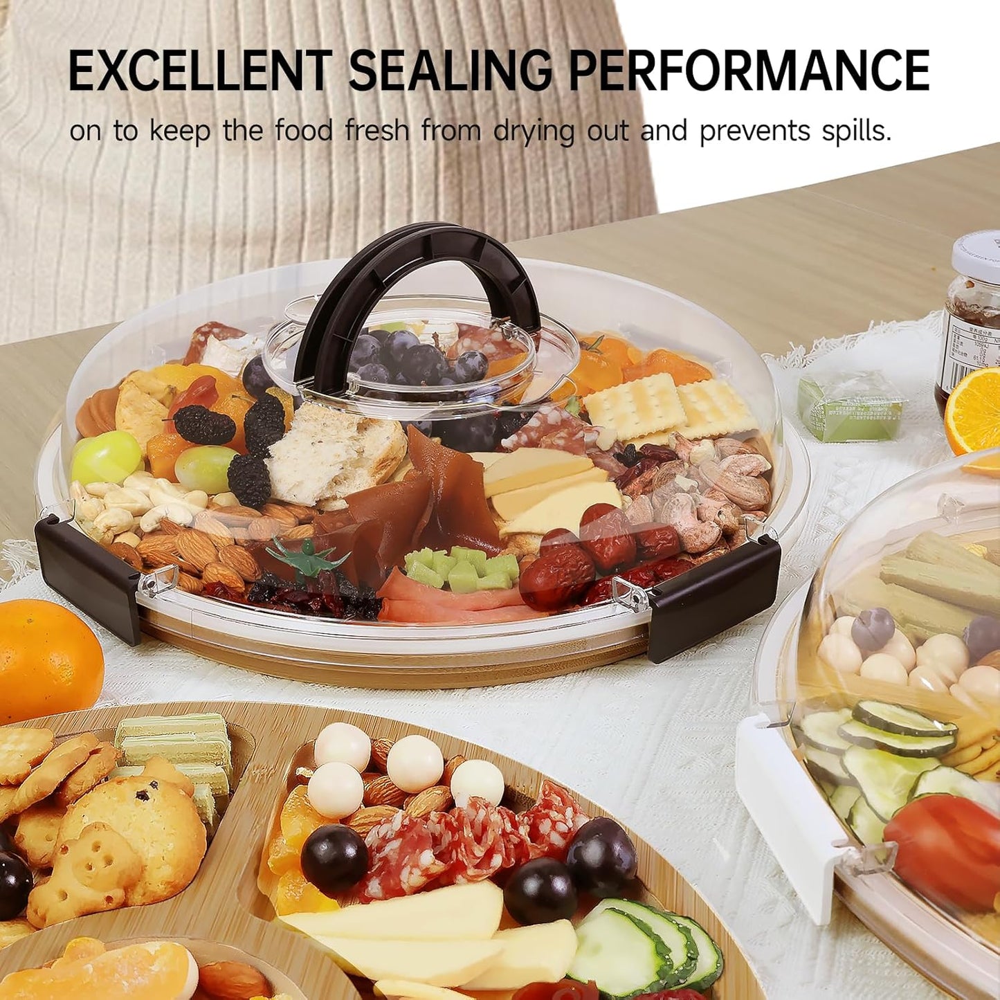 Renmxj Charcuterie Board with Clear Lid, Picnic Portable Cheese Board Charcuterie Boxes, Meat Fruit Serving Tray Platter, House Warming Gifts New Home, Gifts for Women (White, 5 Compartments)