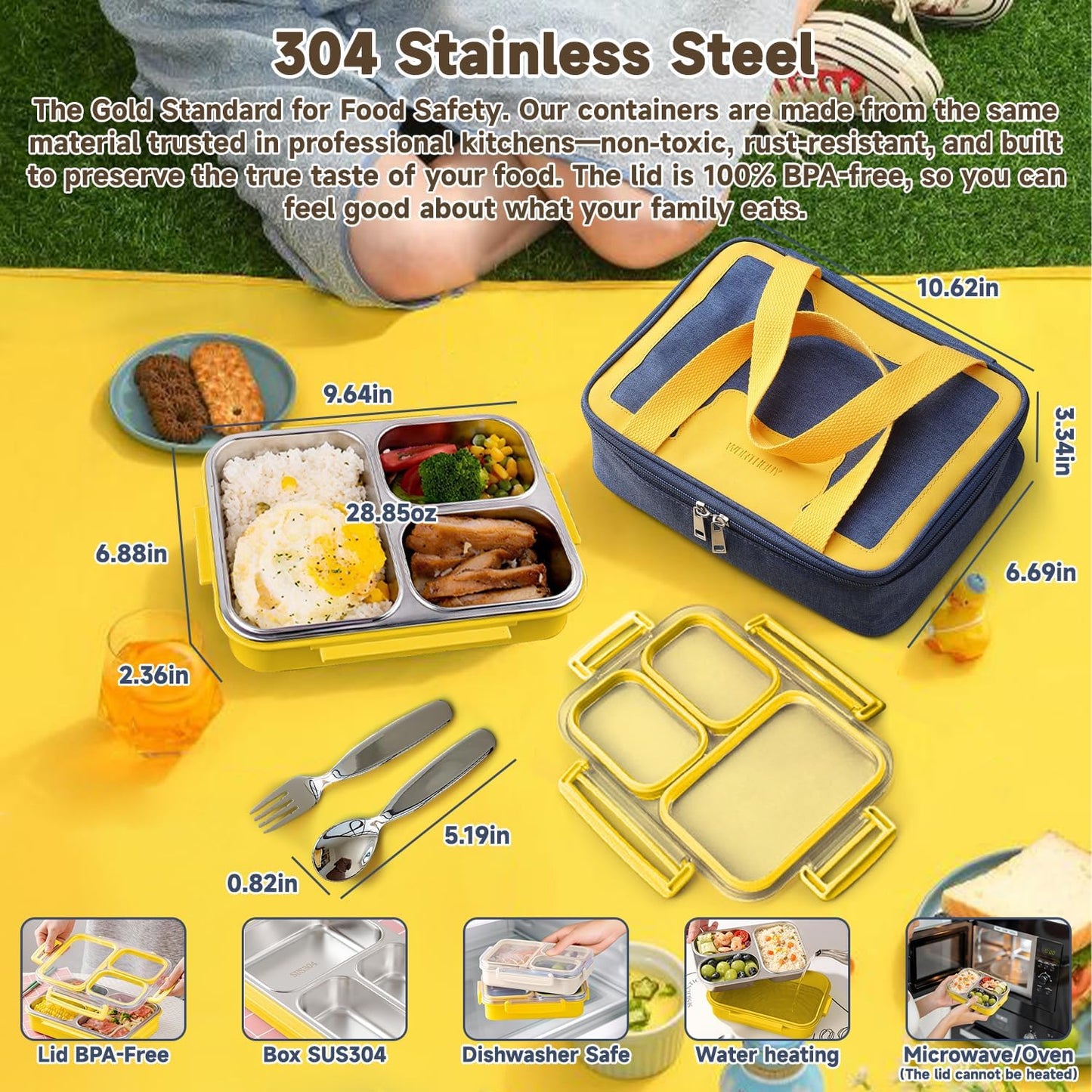 Stainless Steel Bento Lunch Box Set with Spoon, Fork & Insulated Lunch Bag, 25oz Leakproof Bento Box for Adults & Kids, Ideal for School, Home, Office, Picnic & Healthy meal prep containers (yellow)