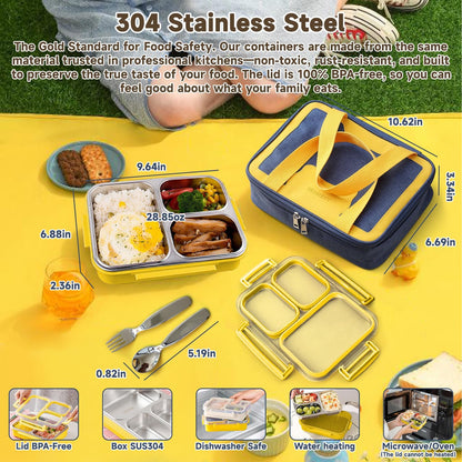 Stainless Steel Bento Lunch Box Set with Spoon, Fork & Insulated Lunch Bag, 25oz Leakproof Bento Box for Adults & Kids, Ideal for School, Home, Office, Picnic & Healthy meal prep containers (yellow)
