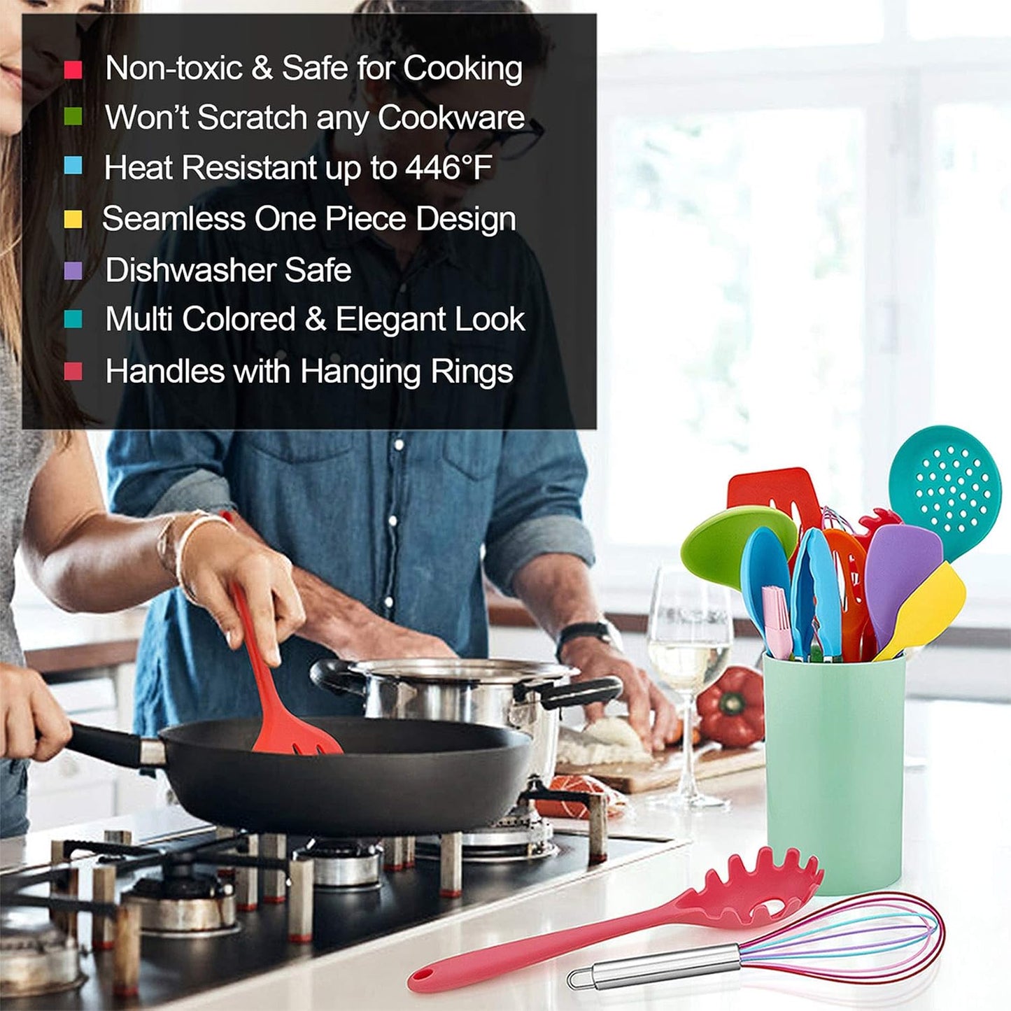 LIANYU 12-Piece Silicone Kitchen Cooking Utensils Set with Holder, Kitchen Tools Include Slotted Spatula Spoon Turner Ladle Tong Whisk, Dishwasher Safe, Dark Blue