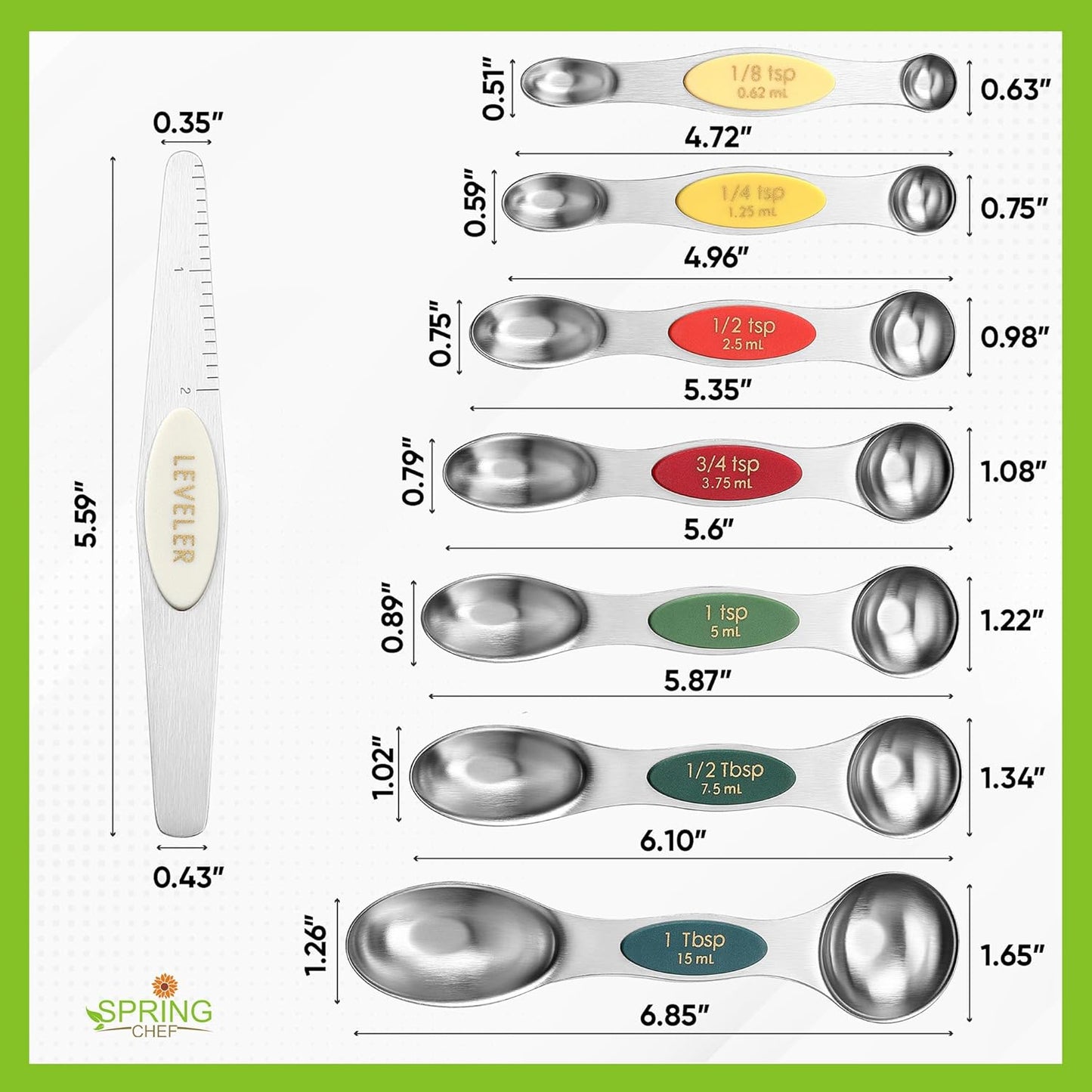 Spring Chef Stainless Steel Magnetic Measuring Spoons Set with Strong N45 Magnets, Heavy Duty Metal Kitchen Gadgets for Baking & Cooking, Fits in Most Kitchen Spice Jars, Set of 8 with Leveler, Black