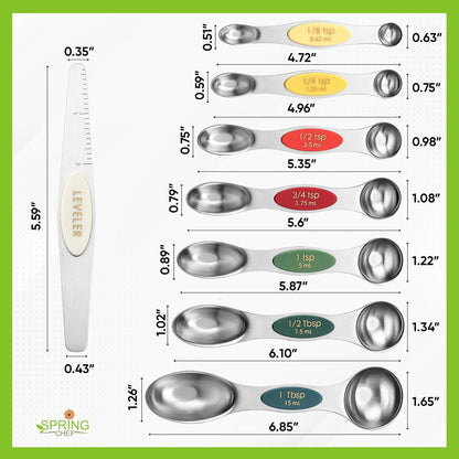 Spring Chef Stainless Steel Magnetic Measuring Spoons Set with Strong N45 Magnets, Heavy Duty Metal Kitchen Gadgets for Baking & Cooking, Fits in Most Kitchen Spice Jars, Set of 8 with Leveler, Black