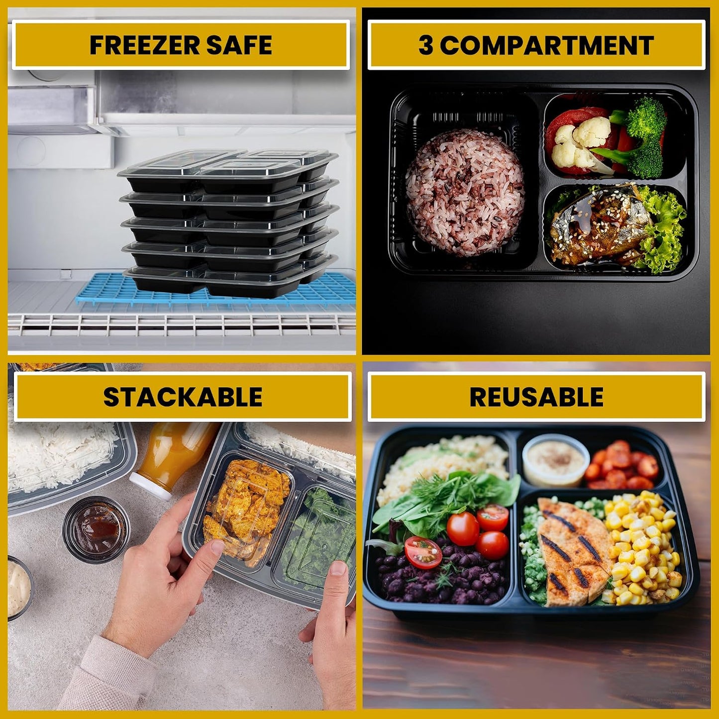 Superior 10 Pack Meal Prep Containers - 32oz Reusable 3 Compartment Food Containers–Microwave and Dishwasher Safe Prep Plastic Food Containers with Lid Divided Bento Box Lunch Tray