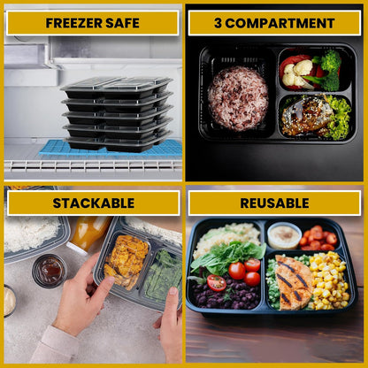 Superior 10 Pack Meal Prep Containers - 32oz Reusable 3 Compartment Food Containers–Microwave and Dishwasher Safe Prep Plastic Food Containers with Lid Divided Bento Box Lunch Tray