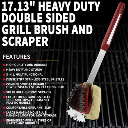 GRILLGEN Grill Brush and Scraper -Heavy Duty Double-Sided with Steam Cleaner Head for Porcelain，Cast Iron, Stainless Steel Grates, Outdoor BBQ Grill Cleaner Accessories