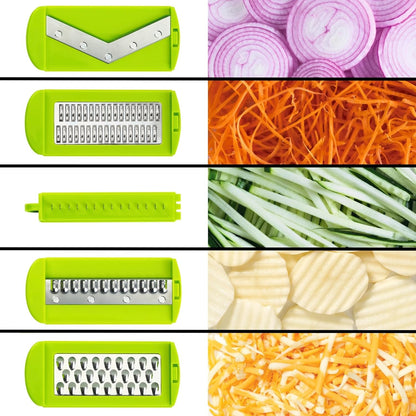 Starfrit Easy Mandoline Slicer, Dicer - 5-Blades - Straight & Crinkle Blades, Julienne, Grater & Shredder - Self-Feeding Pusher - Catch Base for Storage and Food Container