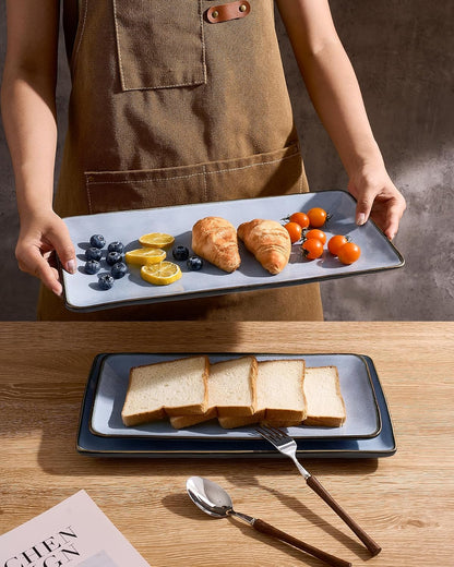 Famiware Serving Platter, Rectangular 15.67/14.1/12.6inch Serving Dishes for Entertaining, Microwave Dishwasher Safe, Stoneware Serving Trays for Party, Turkey, Cheese, Ocean Series, Cappuccino White