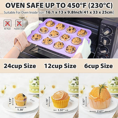 2 Pack Silicone Muffin Pan 12 and 24 Cup with Metal Frame,Non Stick Silicone Mini Cupcake Pan with Handles, BPA Free Silicon Regular Muffin Tin Tray Small for baking, egg bites, Mold Grey