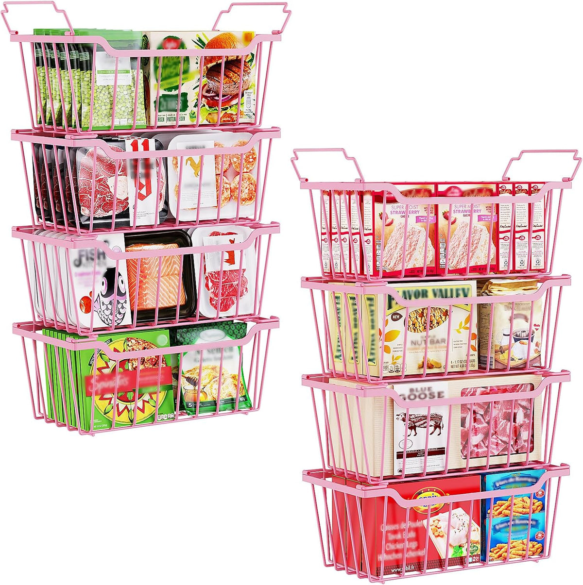 SUNALLY Freezer Organizer Bins, 4 Pack Chest Freezer Organizer Stackable for 5-7 Cu.FT Deep Freezer Sort Frozen Meats and Food, Freezer Storage Baskets with Handles Easy Reach from Bottom, White