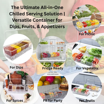 Ice Chilled Condiment Server with Lids – Includes 19 Serving Accessories (Tongs, Spoons, Forks) – 5 Compartment Fruit & Veggie Tray for Parties, Taco Bar, Picnics & Outdoor Entertaining