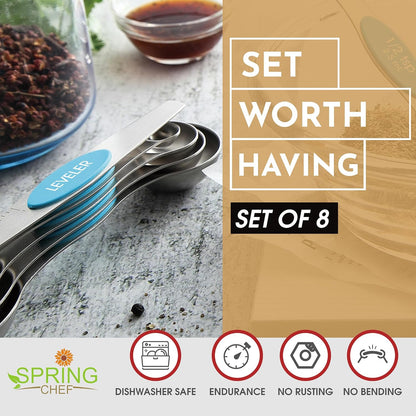 Spring Chef Stainless Steel Magnetic Measuring Spoons Set with Strong N45 Magnets, Heavy Duty Metal Kitchen Gadgets for Baking & Cooking, Fits in Most Kitchen Spice Jars, Set of 8 with Leveler, Black