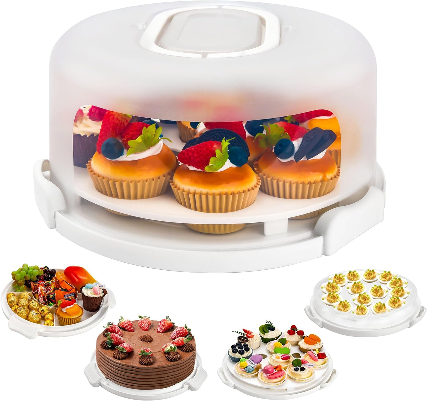 NPLUX Green Cake Containers with Lids Round Plastic Cupcake Holders 4-in-1 Multipurpose Cake Carrier Holder for 11 Inch Cake Pies Cupcake Eggs Fruit or Snack Transport