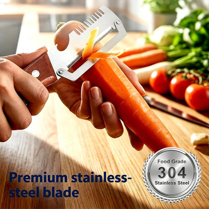 Upgraded 3-in-1 Vegetable Peeler, Wooden Handle Stainless Steel Kitchen Peeler with Julienne Slicer and Bottle Opener, Multi-Functional Fruit Potato Veggie Kitchen Gadget (1)