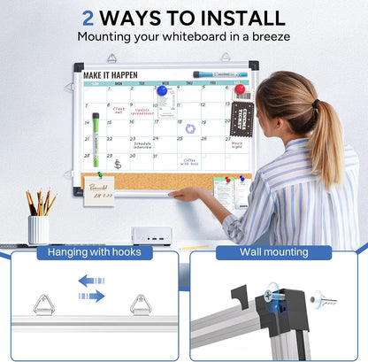 Marsrock Weekly Calendar Whiteboard and Cork Board Combo for Wall, 17"x13" Reversible Hanging Dry Erase Board, Double Sided White Board with Aluminum Frame for Planning, Office, Kitchen, School, Home