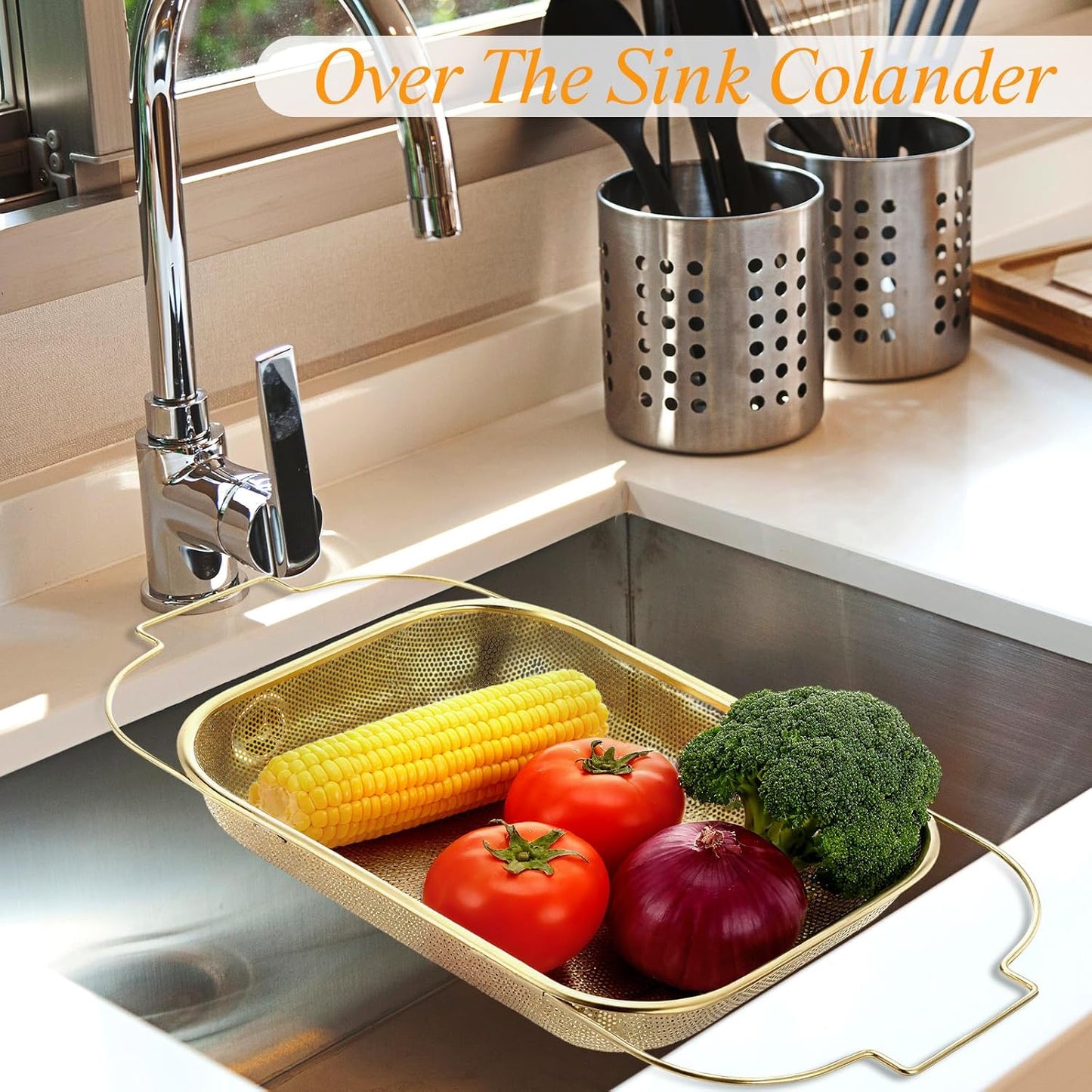 LemonRoad Gold Over the Sink Colander with Expandable Handles and 3 Pcs Gold Fine Mesh Strainer Large Stainless Steel Colander Strainer Basket for Kitchen Accessories (15-18.1 L x 10.6 W x 2.4 H)