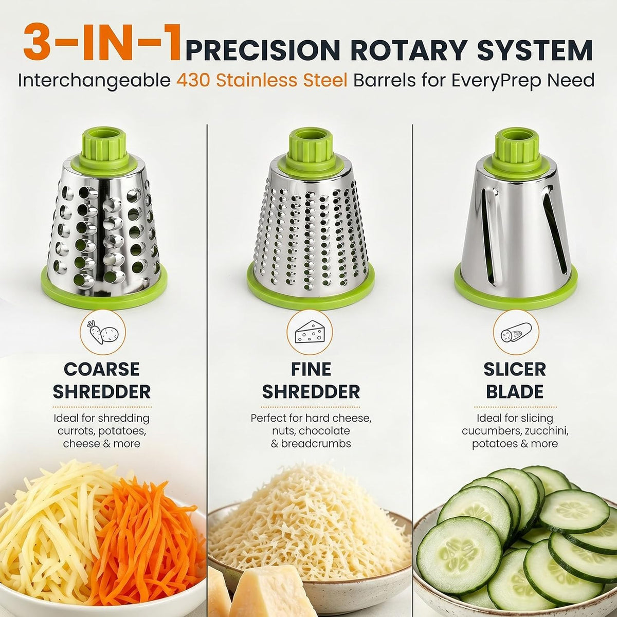 HANSGO Rotary Cheese Grater Hand Crank, Shredder Slicer Grinder, 3 Large Diameter Metal Blades & Cleaning Brush, Non-slip Suction Base, Labor-Saving Handle, Kitchen Gadgets for Cheese, Vegetable, Nuts