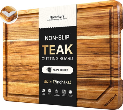 3 Pack Teak Wood Cutting Board Set with Holder Non Slip Over Sink Wooden Chopping Board for Fresh Meat Vegetable Thick Haus Perfect for Charcuterie Juice Groove Kitchen Accessories - FSC Certified