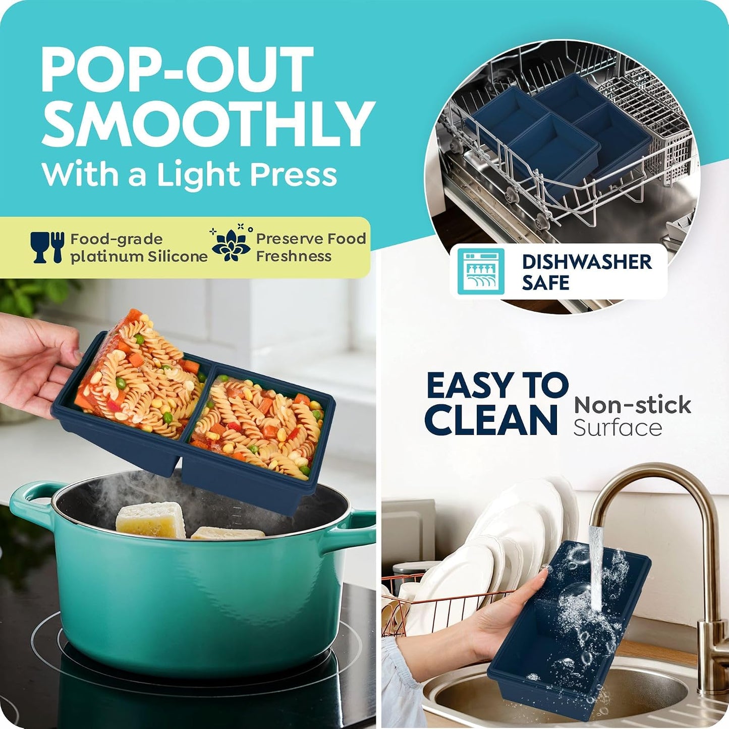 2 cup Silicone Freezer Trays with Lids, Silicone Soup Freezer Molds, Easily prepare portioned meals, Great for storing soups, lasagna, leftovers, sauces and other dishes, Dishwasher, Oven Safe