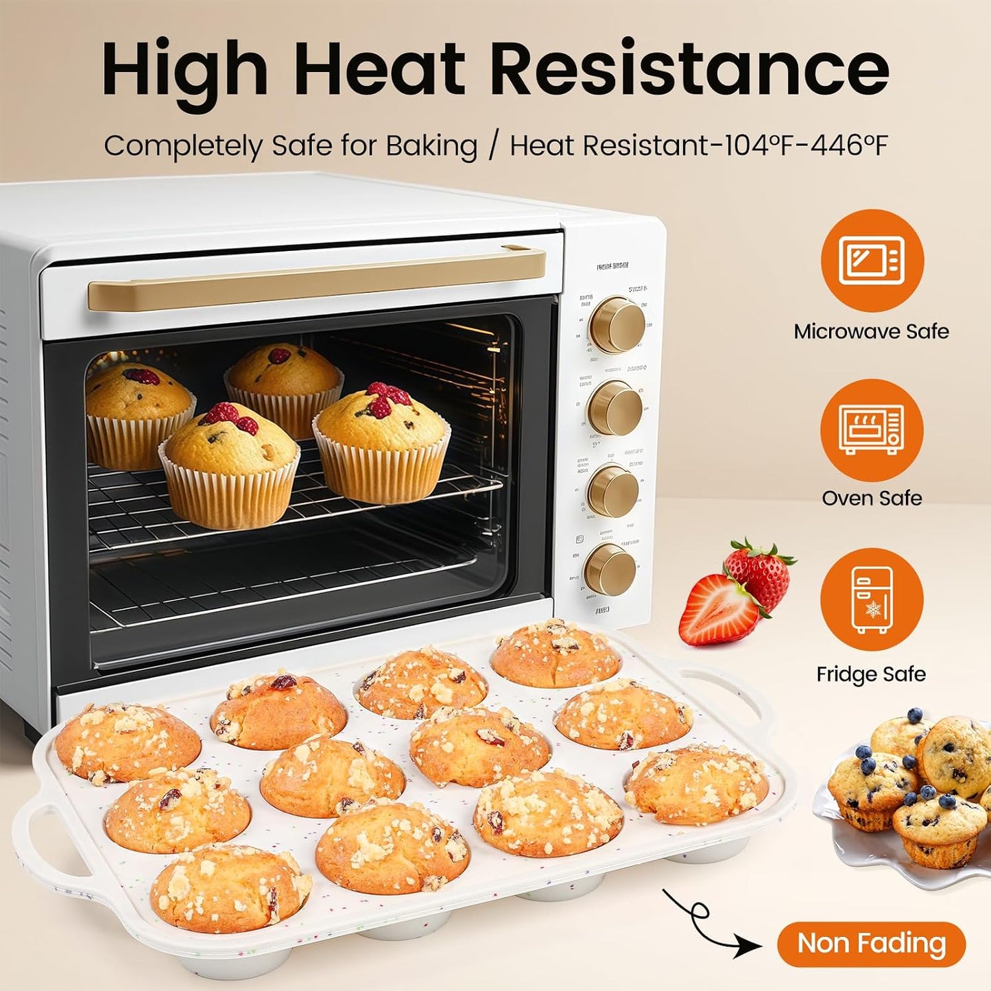 Silicone Muffin Pans With Metal Reinforced Frame - 24 Cups Durable Silicone Baking Pan for Muffins, Cupcakes, BPA Free and Dishwasher Safe - Beige with Rainbow Spots, Set of 2
