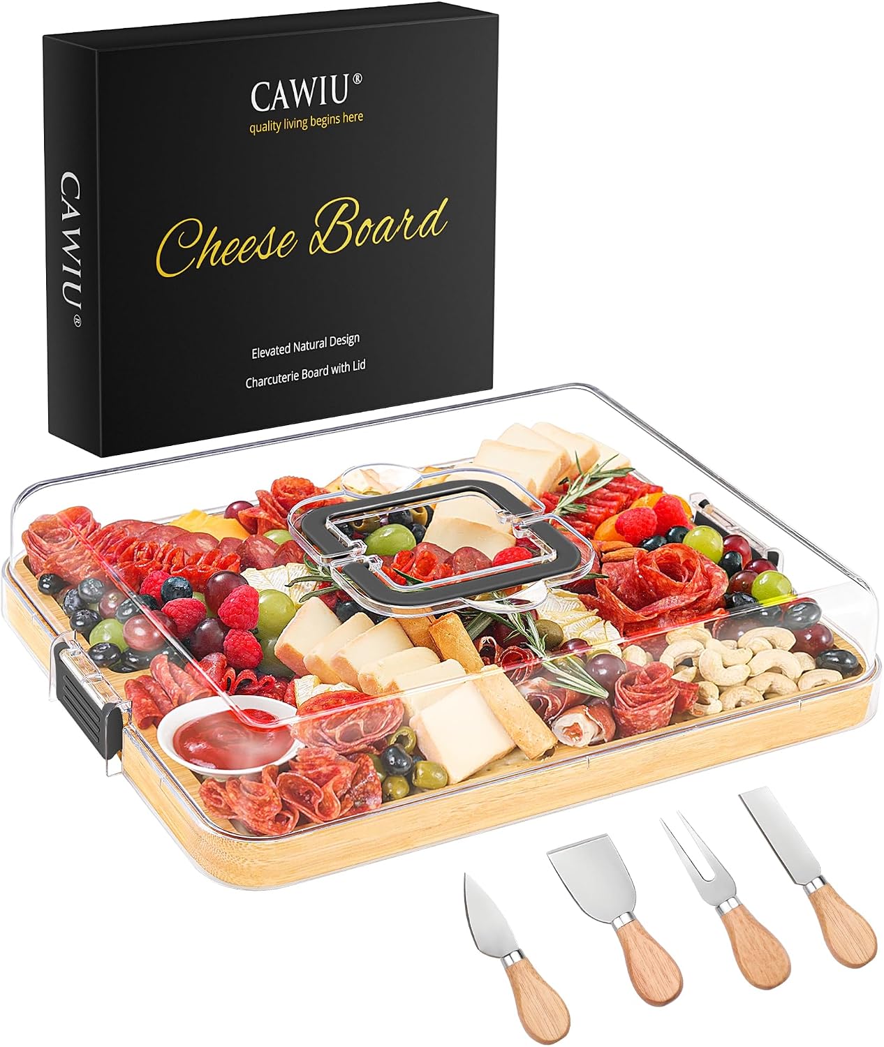 CAWIU Portable Travel Charcuterie Board with Lid and Handle - Large Bamboo Cheese Board with 4 Cheese Knife Set for Outdoor, Picnics - Weddings, House Warming Gift for Women (1 Compartment, White)