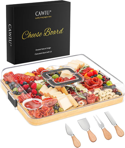 CAWIU Portable Travel Charcuterie Board with Lid and Handle - Large Bamboo Cheese Board with 4 Cheese Knife Set for Outdoor, Picnics - Weddings, House Warming Gift for Women (1 Compartment, White)