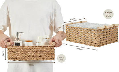 DECOMOMO Wicker Storage Baskets, Handwoven Pantry Baskets, Water Hyacinth Storage Baskets w/Chalkboard and Marker (Natural, Set of 2)