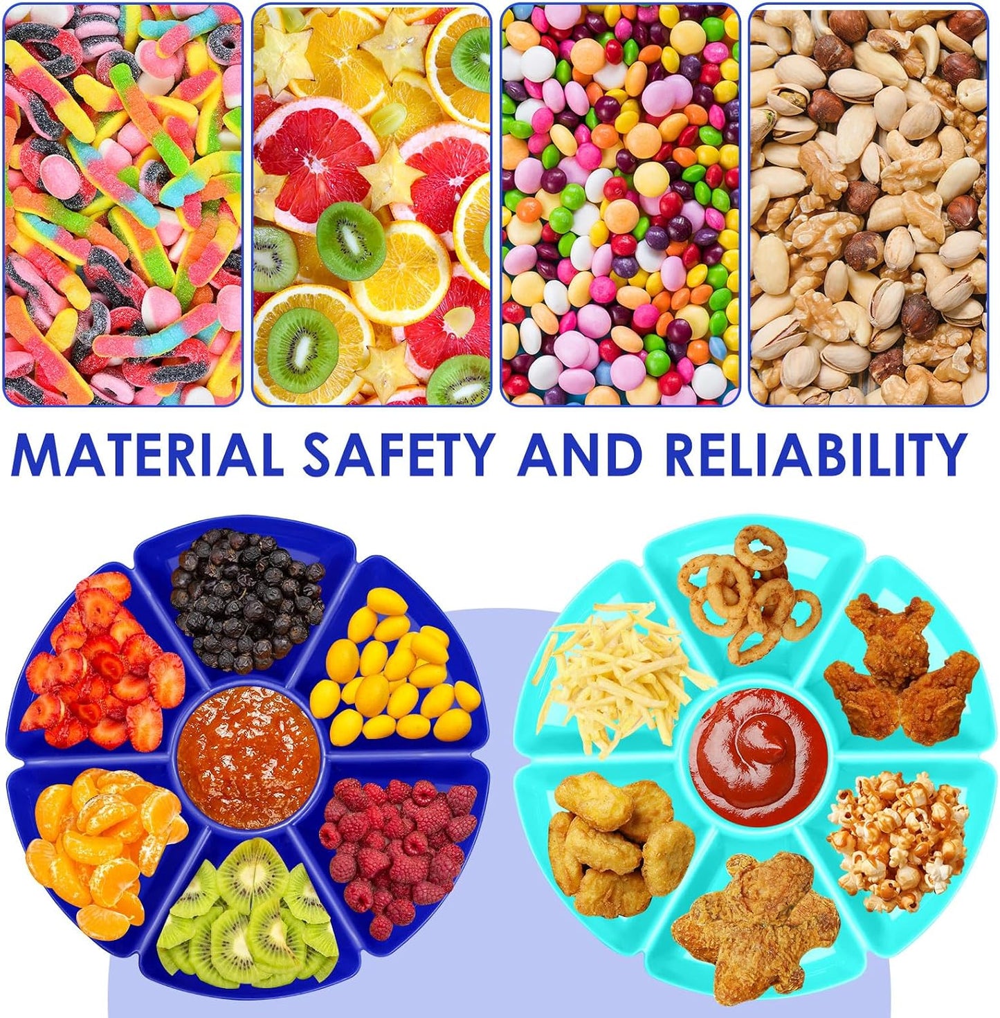 3 Pcs Sectional Round Plastic Serving Tray Platters 11inch Unbreakable Chip and Dip Divided Serving Plates,Round 7 Compartments Multifunctional Food Platter for Snack,Nuts,Candy,Dried Fruit,Veggies