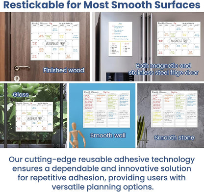 Non-Magnetic Dry Erase List for Fridge - Reusable 8"x11.5" List and Weekly Planning Board Stick to Most Smooth Surfaces - 3 Dry Erase Markers Included