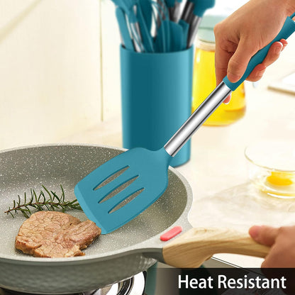 LIANYU 15 Pcs Kitchen Cooking Utensils Set with Holder, Silicone Kitchen Tools with Stainless Steel Handle, Heat Resistant Gadgets, Brush Spatula Spoon Whisk for Cookware, Dishwasher Safe, Khaki