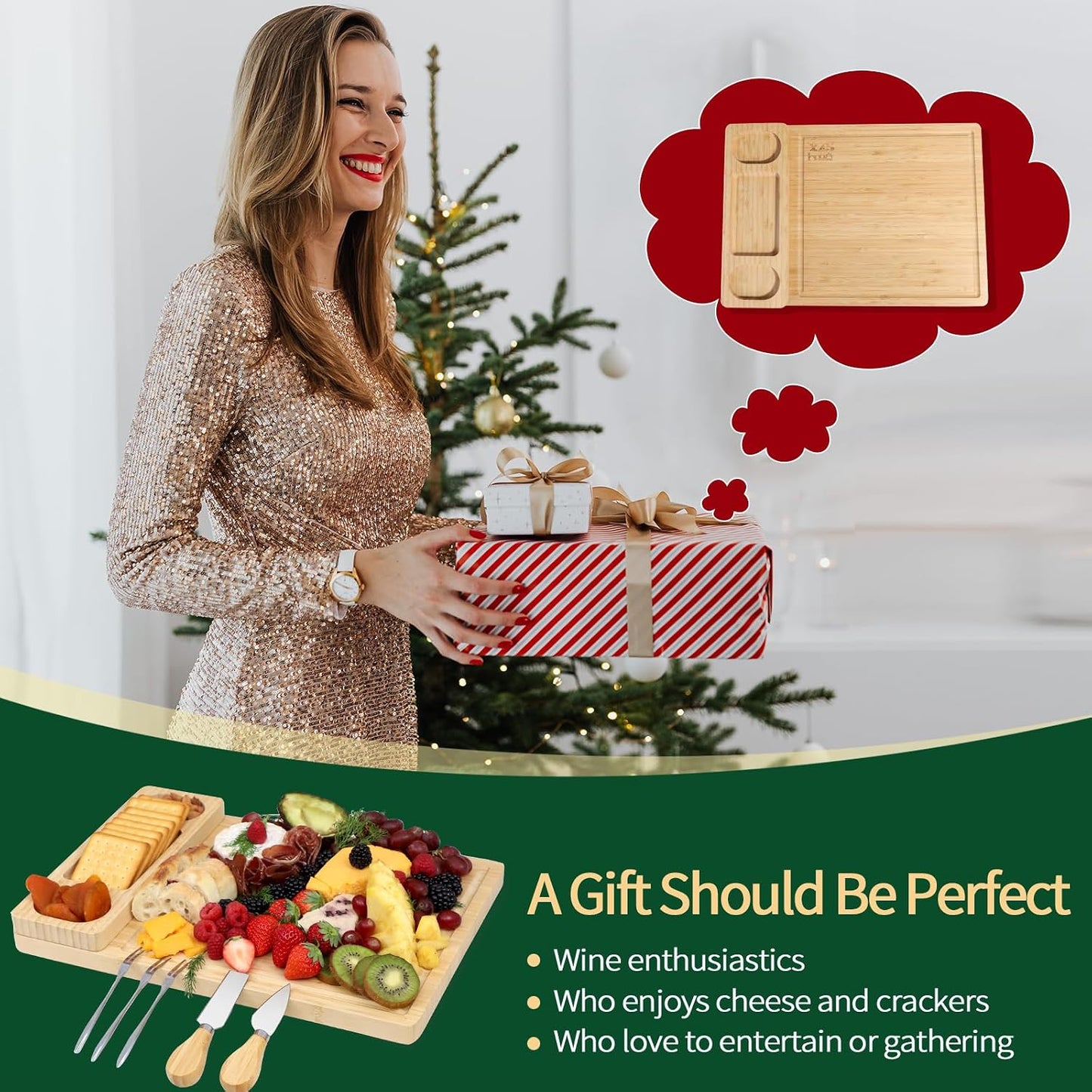 Premium Bamboo Charcuterie Board Set with Hidden Drawer & 4 Cheese Knives - 13x13 Large Cheese Board Serving Tray - Unique Housewarming Gifts for New Home, Wedding & Bridal Shower Gifts for Couples