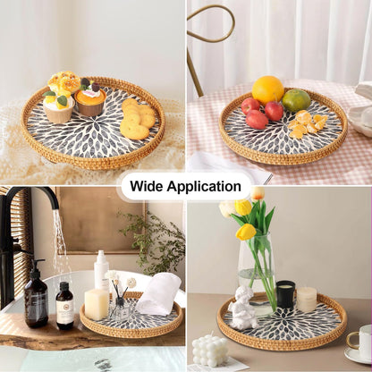 Round Rattan Tray with Mother of Pearl Inlay, Rattan Serving Tray for Coffee, Bread, Fruits, Decorative Wicker Tray for Table Decor, Home Decor, Kitchen Island Decor(Black Checkerboard, 11.8")
