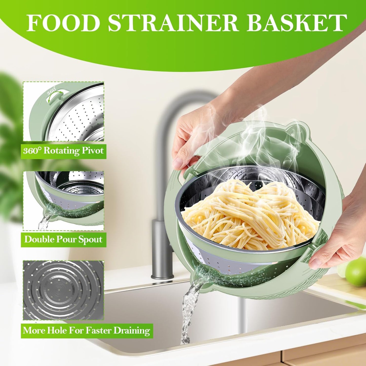 4-1 Colander with Bowl Set, Food Strainers and Colanders, Fruit Washing Bowl with Strainer, Rotatable Colander for Kitchen, Aesthetic Kitchen Gadget, Christmas & New Year Gifts - Beige