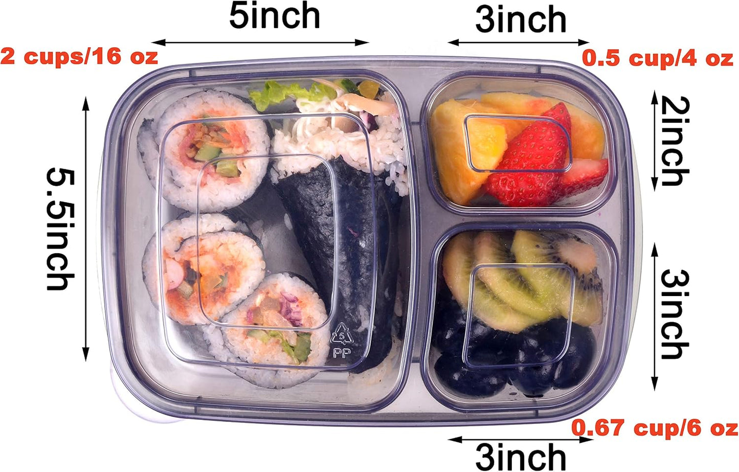 Youngever 8 Pack Bento Lunch Box, Meal Prep Containers, Reusable Plastic Divided Food Storage Container Boxes (3-Compartment)