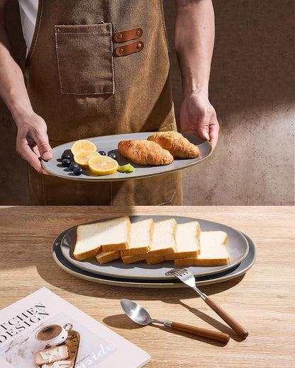 famiware Serving Platter, Oval 15.59/14.3/12.9inch Serving Dishes for Entertaining, Serving Bowls, Microwave Safe, Stoneware Serving Trays for Party, Food, Turkey, Cheese, Ocean Series, Vanilla White