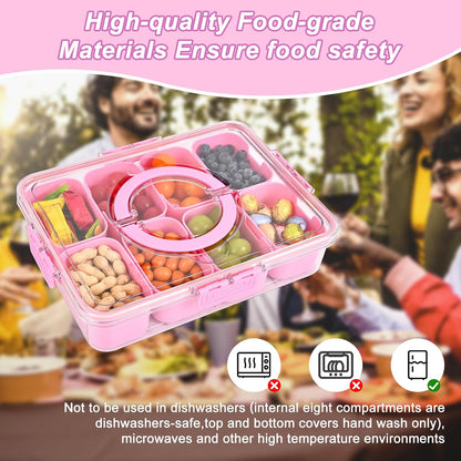 Snackle Box Container, 8 Compartment Divided Serving Tray with Lid and Handle, Snack Box Container for Candy, Fruit and Snacks, Great for Gatherings, Outings, Parties and Entertaining（Pink）