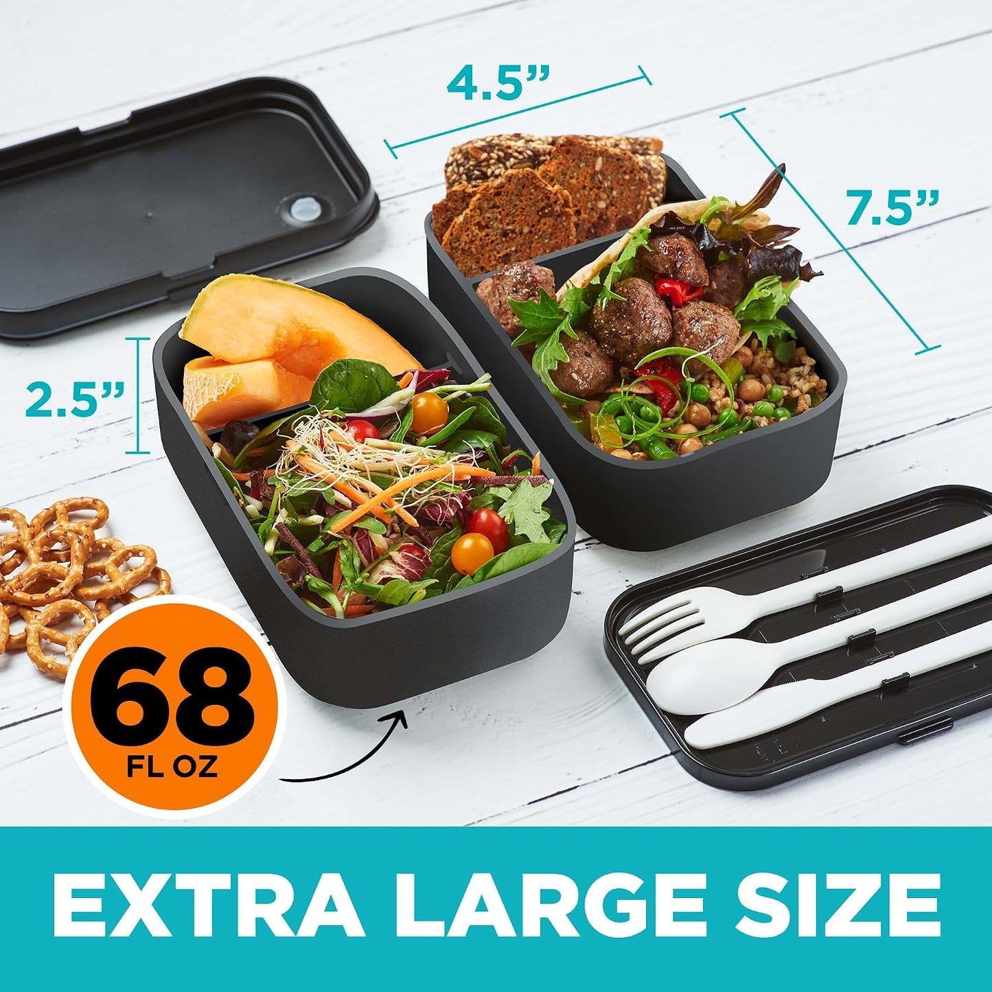 Double Premium Bento Box Adult, 67 fl oz BPA-Free - Cream Stackable Lunch Box with Leak-Proof Lids & Dividers, Perfect for Meal Prep, Lunches & Portion Control