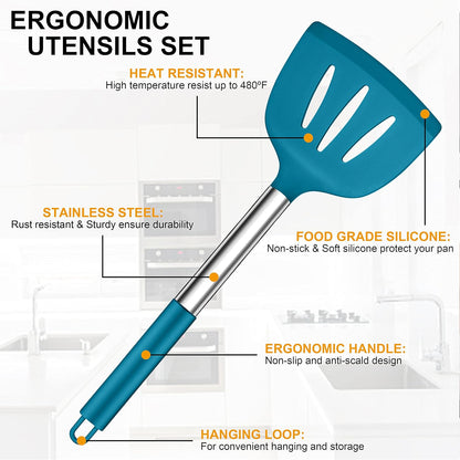 LIANYU 43 Pcs Silicone Kitchen Cooking Utensils with Holder, Heat Resistant Spatula Set with Stainless Steel Handle, Kitchen Cooking Gadgets Tools for Nonstick Cookware Set, Blue