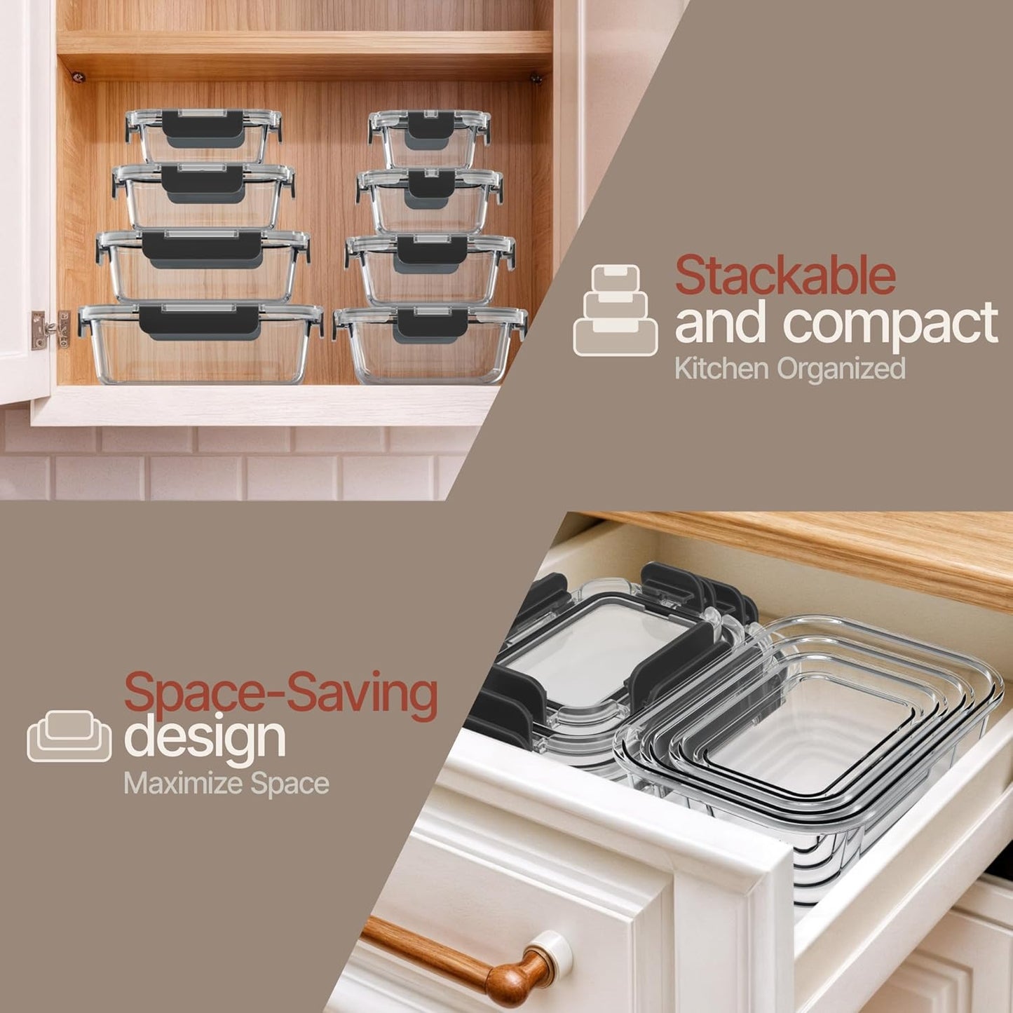 Bakken Borosilicate Glass Food Storage Containers with Lids 24 Pieces, BPA-Free Stackable Lunch & Leftover Containers, Microwave, Freezer & Dishwasher Safe, 100% Airtight Leak-Proof, Gray