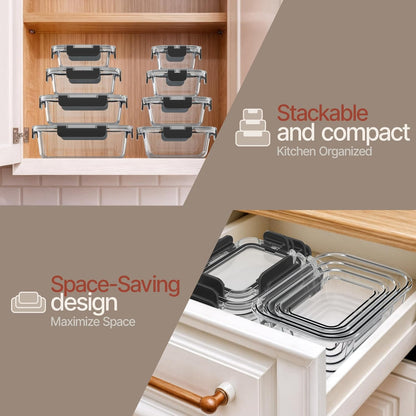 Bakken Borosilicate Glass Food Storage Containers with Lids 24 Pieces, BPA-Free Stackable Lunch & Leftover Containers, Microwave, Freezer & Dishwasher Safe, 100% Airtight Leak-Proof, Gray