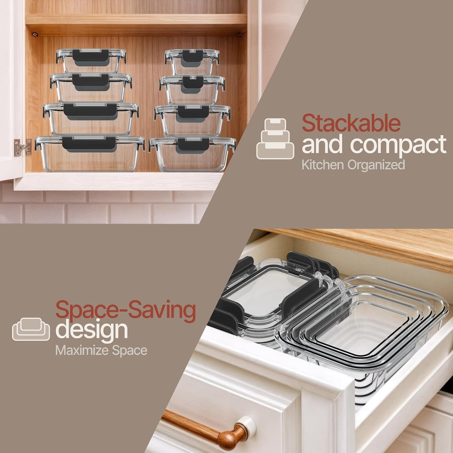 Bakken Borosilicate Glass Food Storage Containers with Lids 16 Pieces, BPA-Free Stackable Lunch & Leftover Containers, Microwave, Freezer & Dishwasher Safe, 100% Airtight Leak-Proof, Gray