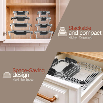 Bakken Borosilicate Glass Food Storage Containers with Lids 16 Pieces, BPA-Free Stackable Lunch & Leftover Containers, Microwave, Freezer & Dishwasher Safe, 100% Airtight Leak-Proof, Gray