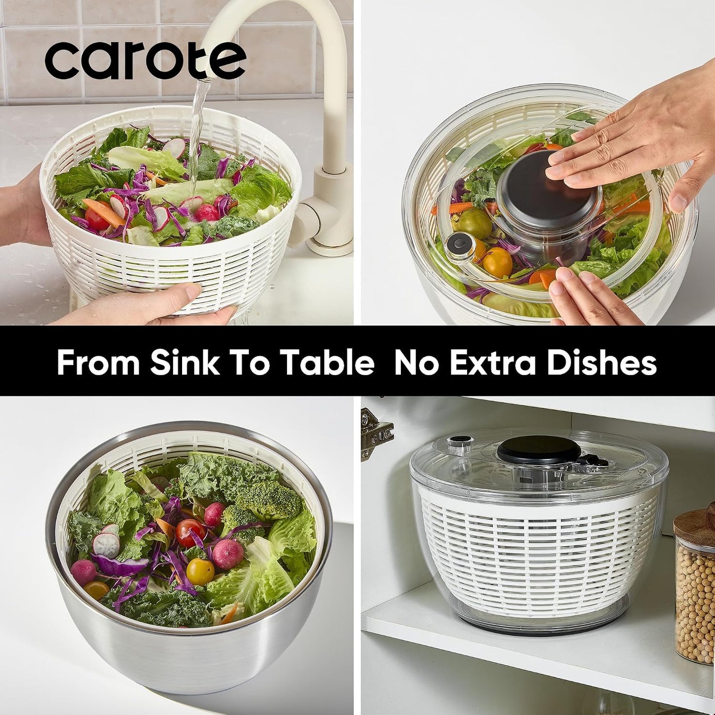CAROTE 6.4 Qt Stainless Steel Salad Spinner, Large Lettuce Spinner Vegetable Fruit Washer, Vegetable Cleaner Salad Cleaner Lettuce Washer, Non-Slip Base, Multifunctional for Salad, Fruits